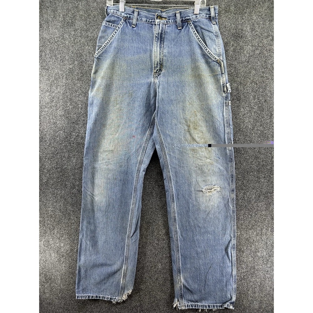 Carhartt Original Dungaree Fit Jeans 33x34 Blue Straight Thrashed Distressed